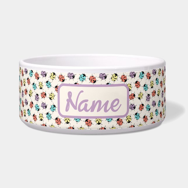 Personalised Pet Bowl with Colourful Ladybugs (Front)
