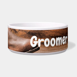 Personalised Pet Bowls Cowboy Boots Barn Wood Rust