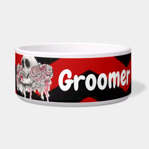 Personalised Pet Bowls skull Rose goth Chevron red