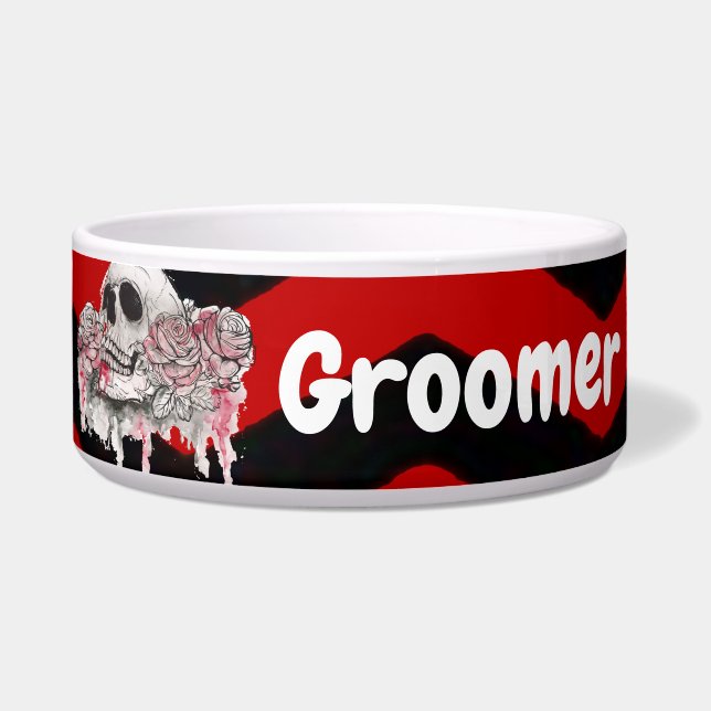 Personalised Pet Bowls skull Rose goth Chevron red (Front)