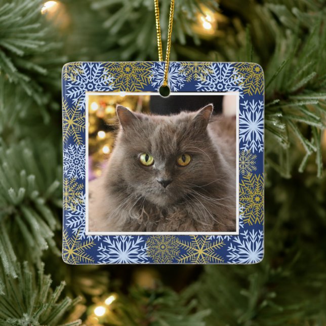 Personalised Pet Cat Dog Blue Snowflakes Christmas Ceramic Ornament (Tree)