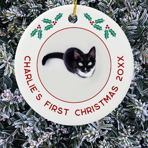 Personalised Pet Cat First Christmas Photo Ceramic Tree Decoration