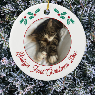 Personalised Pet Cat First Christmas Photo Ceramic Tree Decoration