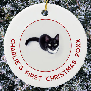 Personalised Pet Cat First Christmas Photo Ceramic Tree Decoration