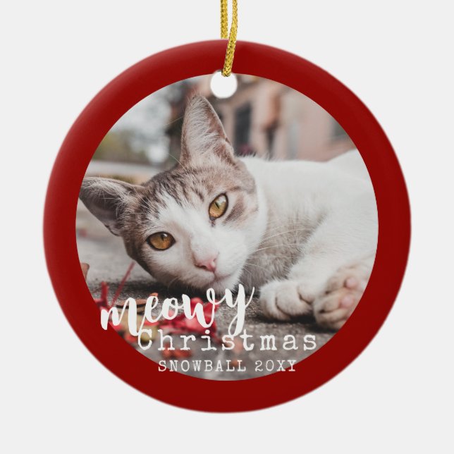 Personalised Pet Cat Photo Meowy Christmas Ceramic Tree Decoration (Front)