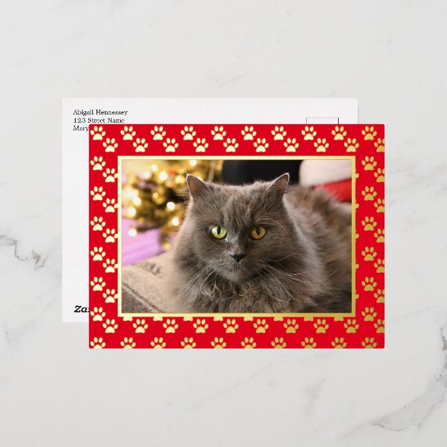 Personalised Pet Cat Photo Meowy Christmas Gold Foil Holiday Postcard (Front/Back)