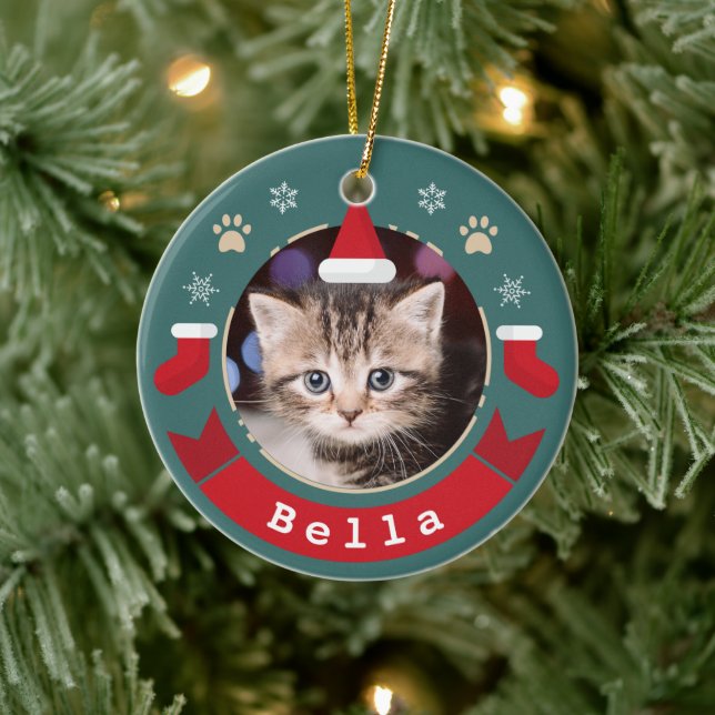 Personalised Pet Cat Photo Meowy Christmas Holiday Ceramic Tree Decoration (Tree)