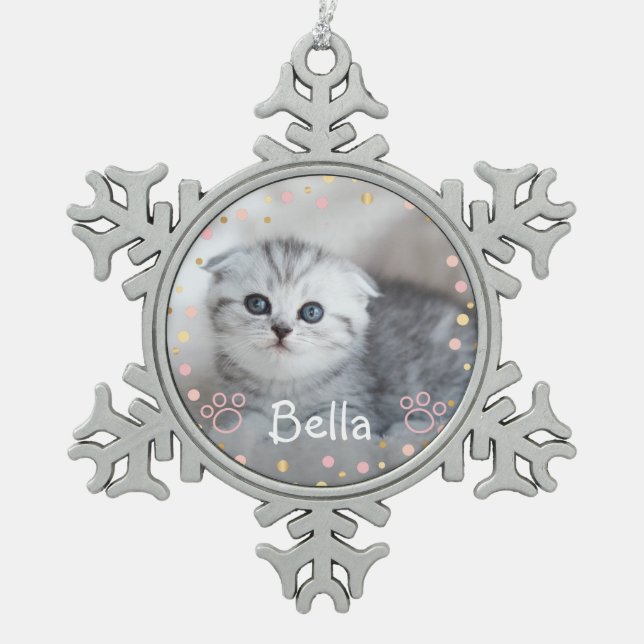 Personalised Pet Cat Photo Snowflake Pewter Christmas Ornament (Front)