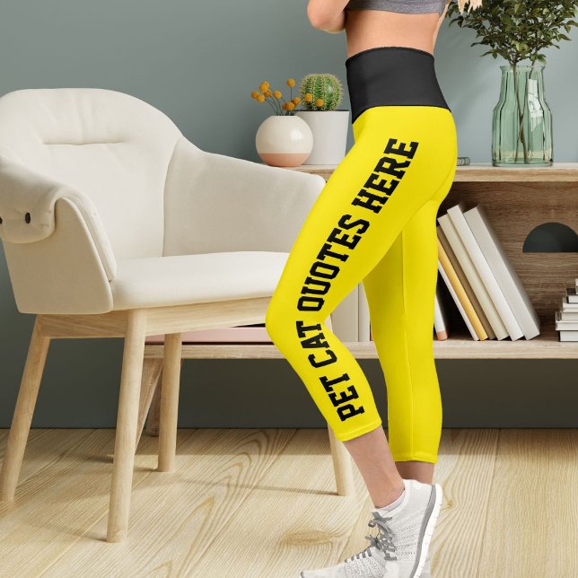 Personalised Pet Cat Quotes On Black Bright Yellow Capri Leggings (Creator Uploaded)