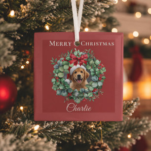 Personalised Pet Christmas with Wreath & Name Glass Tree Decoration