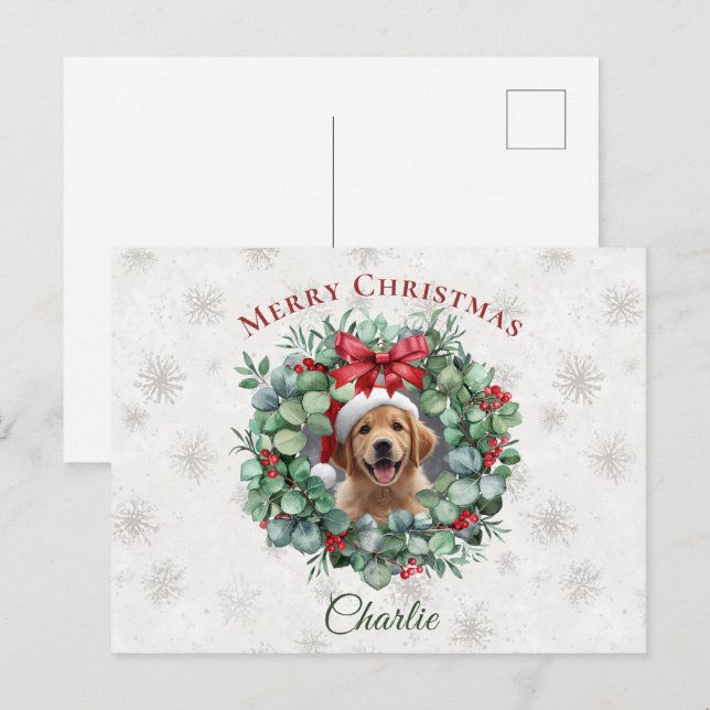 Personalised Pet Christmas with Wreath & Name Postcard (Front/Back)