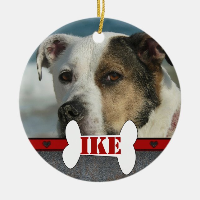 Personalised Pet Dog Bone Photo Frame Christmas Ceramic Tree Decoration (Front)