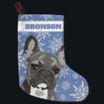 Personalised Pet Dog | French Bulldog Gift Small Christmas Stocking<br><div class="desc">Funny cute christmas holiday stocking for your pet featuring a grey blue french bulldog,  a winter blue background that can be changed to any colour,  and a scattering of winter white snowflakes.</div>