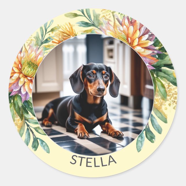 Personalised Pet Dog Photo Animal Floral Cute Classic Round Sticker (Front)