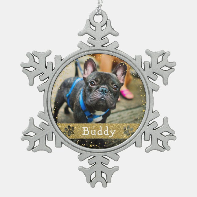 Personalised Pet Dog Photo Snowflake Pewter Christmas Ornament (Front)