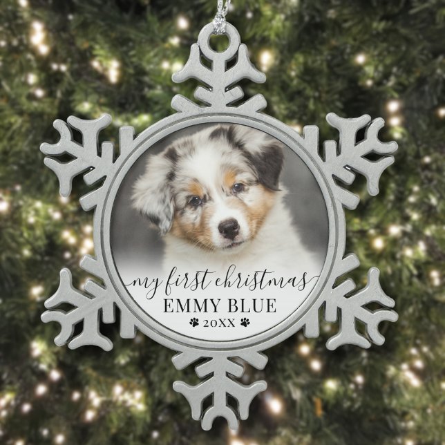 Personalised Pet First Christmas Puppy Dog Photo Snowflake Pewter Christmas Ornament (Personalized Pet First Christmas Puppy Dog Photo Snowflake Pewter Christmas Ornament)