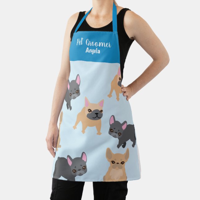 Personalised Pet Groomer Blue French Bulldog Apron (Insitu)