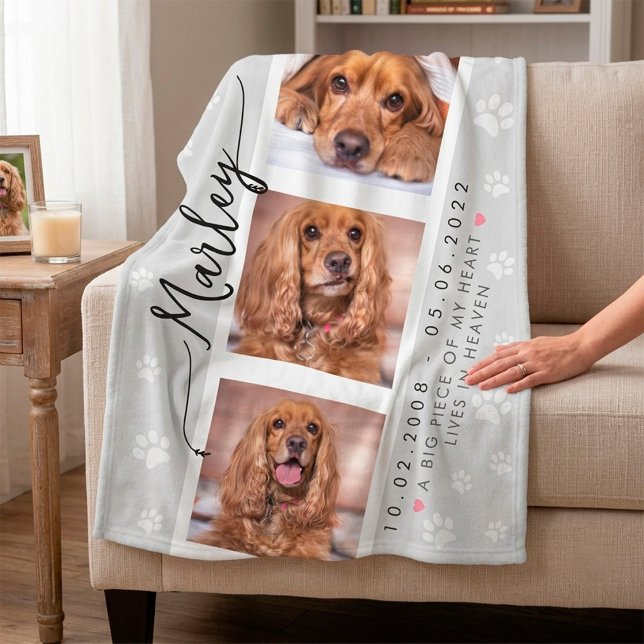 Personalised Pet Memorial Photo Collage Fleece Blanket (Pet Memorial Custom Photo Collage with Paw Prints Fleece Blanket)