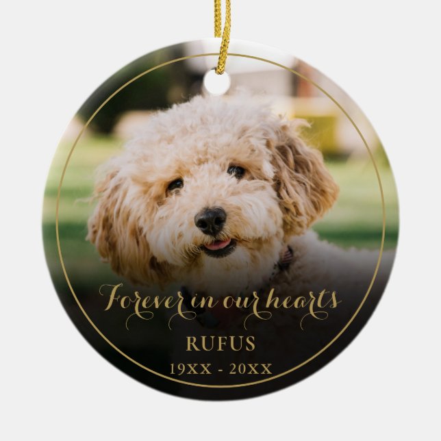 Personalised Pet Memorial Photo Gold Script Ceramic Tree Decoration (Front)