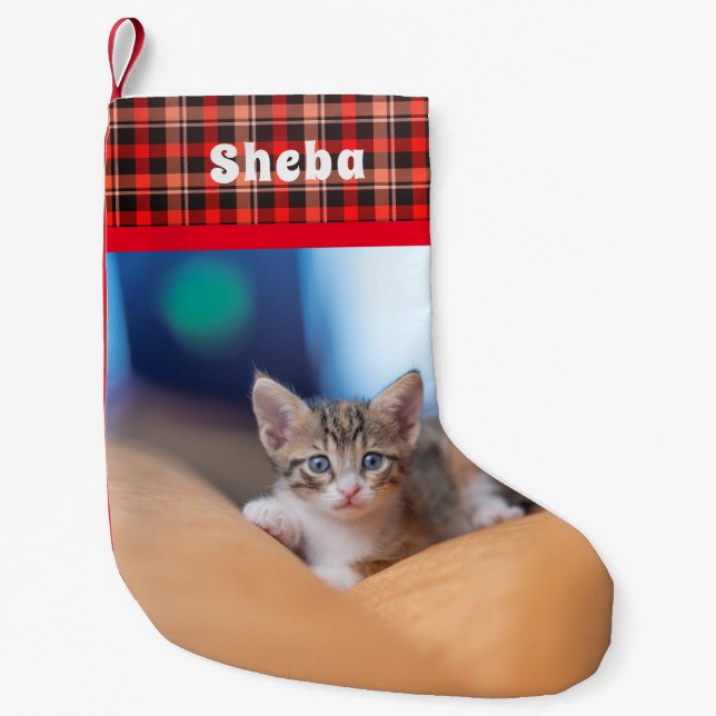 Personalised Pet Name Photo Red Plaid Small Christmas Stocking (Front)