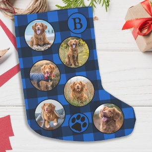 Personalised Pet Photo Collage Blue Black Plaid Small Christmas Stocking
