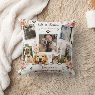 Personalised Pet Photo Collage Floral Custom Name  Cushion