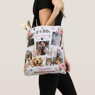 Personalised Pet Photo Collage Floral Custom Name  Tote Bag
