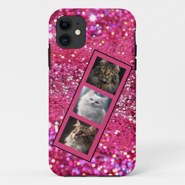 Personalised Pet Photo Collage Girly Pink Glitter Case-Mate iPhone Case (Back)