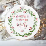 Personalised Pet Photo First Christmas in New Home Ornament<br><div class="desc">Celebrate your pet's first Christmas in his or her new forever home with this keepsake ornament, featuring a watercolor Christmas wreath surrounding the words "1st Christmas in My Forever Home, " along with your pet's name and the year in whimsical red printing and handwriting fonts. Customise the reverse side with...</div>