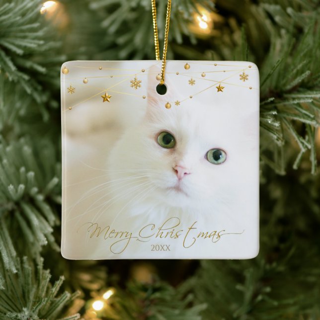 Personalised Pet Photo Golden Christmas Script Ceramic Ornament (Tree)