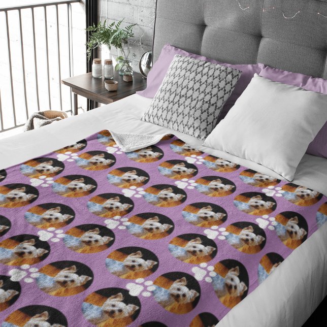 Personalised Pet Photo in Lavender w Paw Print Fleece Blanket (Creator Uploaded)