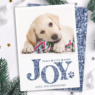 Personalised Pet Photo JOY Blue Paw Print Dog Holiday Card
