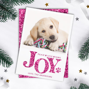 Personalised Pet Photo JOY Pink Paw Print Dog Holiday Card
