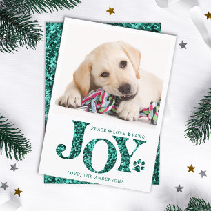 Personalised Pet Photo JOY Teal Paw Print Dog Holiday Card