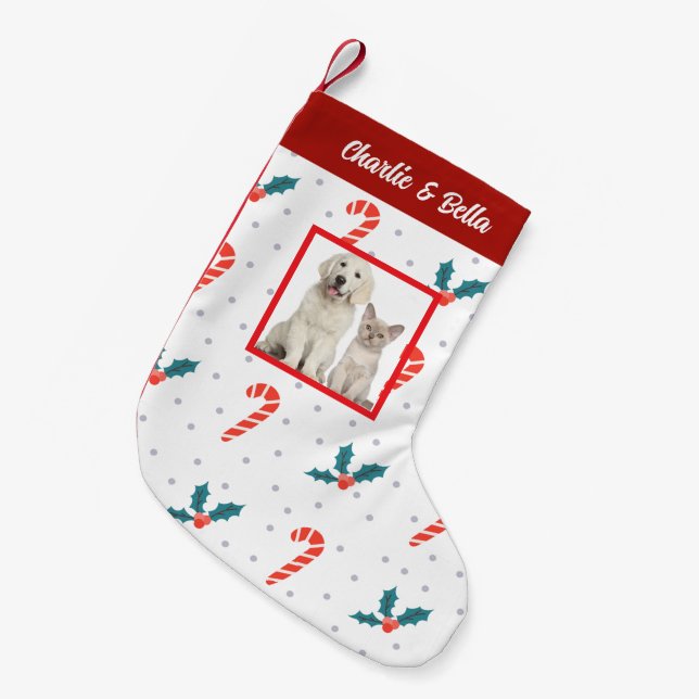 Personalised Pet Photo & Name Holly Berry Small Christmas Stocking (Front (Hanging))
