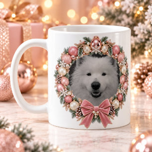 Personalised Pet Photo Pink Christmas Wreath Mug