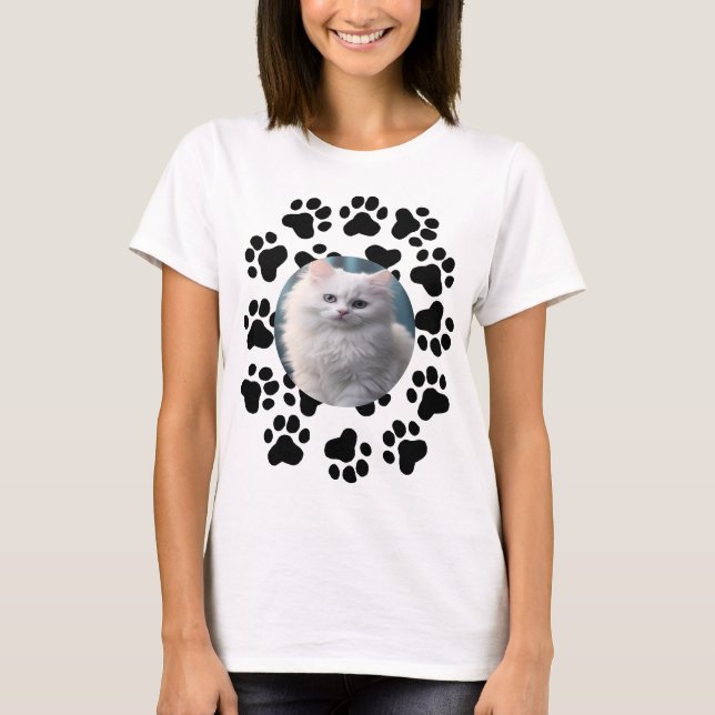 Personalised Pet Photo With Paw Prints Pattern T-Shirt (Front)
