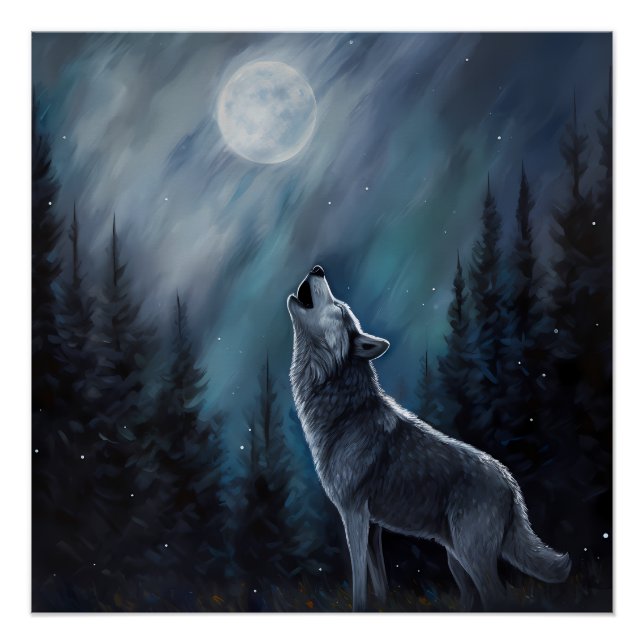 Personalised Pet Photo | Wolf Howling At The Moon Poster (Front)