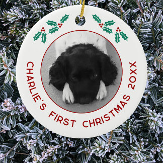 Personalised Pet Puppy Dog First Christmas Photo Ceramic Tree Decoration