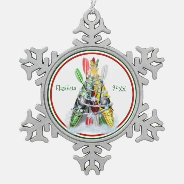 personalised pewter kayaking Christmas ornament (Front)