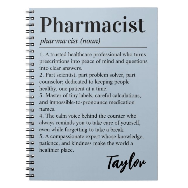 Personalised Pharmacist Definition Dusty Blue Gift Notebook (Front)