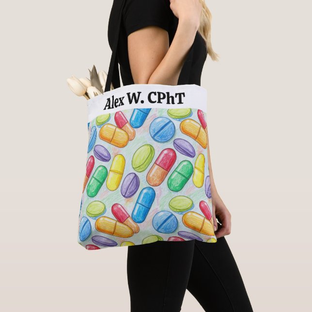 Personalised Pharmacy Tote Bag with Bright Pills (Close Up)
