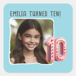 Personalised Photo 10th Birthday Party Square Sticker