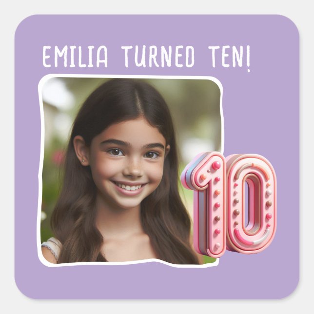 Personalised Photo 10th Birthday Party Square Sticker (Front)