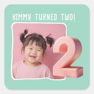 Personalised Photo 2nd Birthday Party Square Sticker