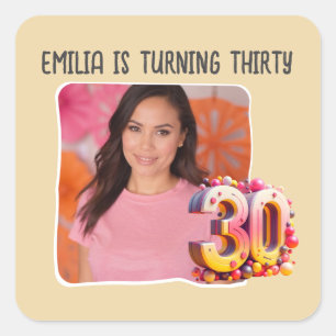 Personalised Photo 30th Birthday Party Square Sticker
