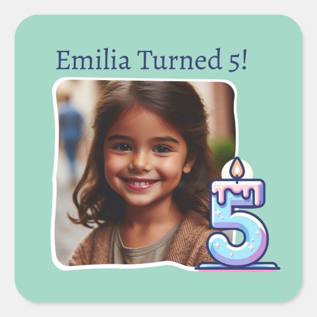 Personalised Photo 5th Birthday Party Square Sticker (Front)
