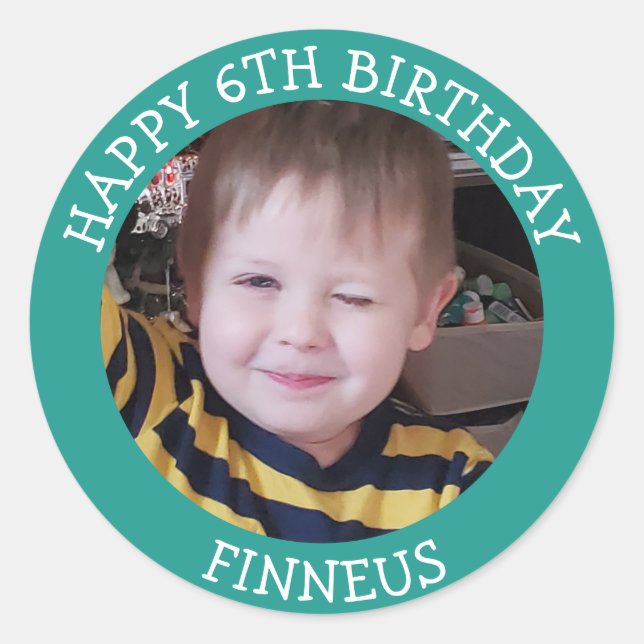 Personalised Photo, Age and Name Birthday     Classic Round Sticker (Front)