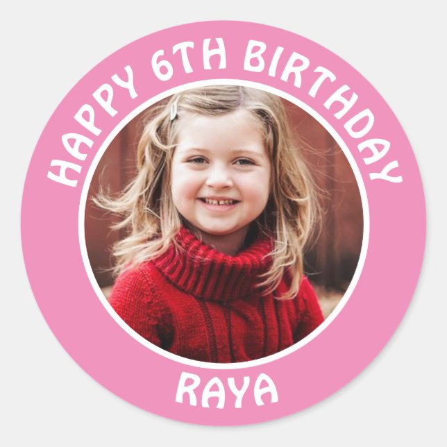 Personalised Photo, Age and Name Birthday Party Classic Round Sticker (Front)