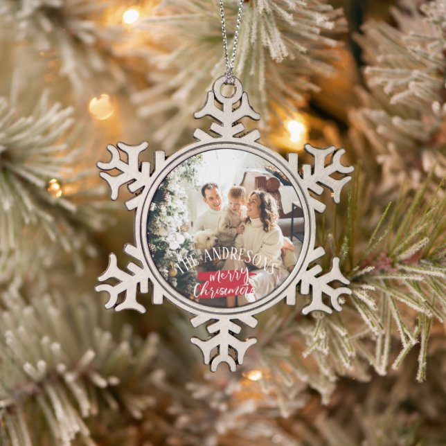 Personalised photo and name christmas snowflake pewter christmas ornament (Tree)